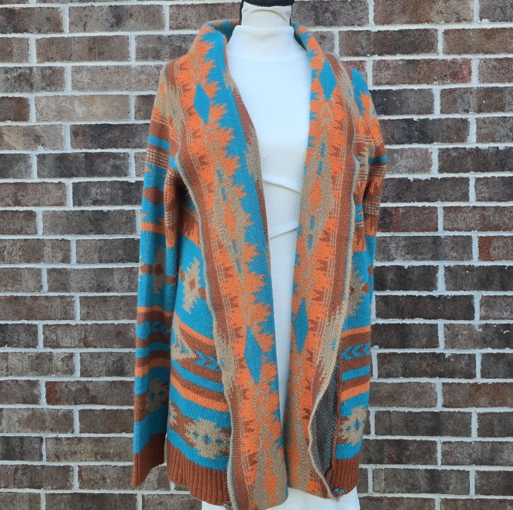 Rock & Roll Cowgirl Teal & Orange Aztec Open Front Cardigan